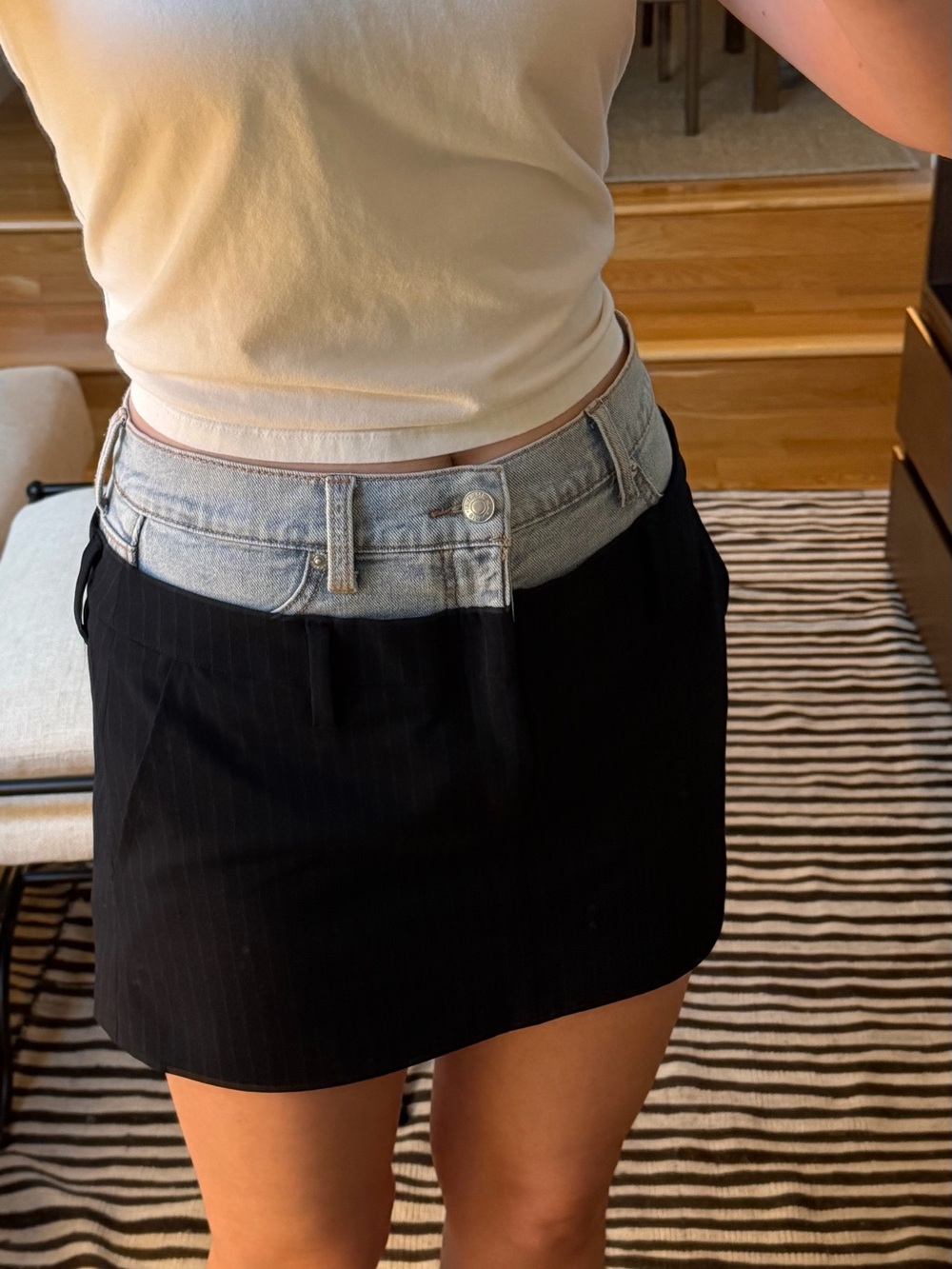 SIMKHAI Pinstripe Mini Skirt with Denim Waistband